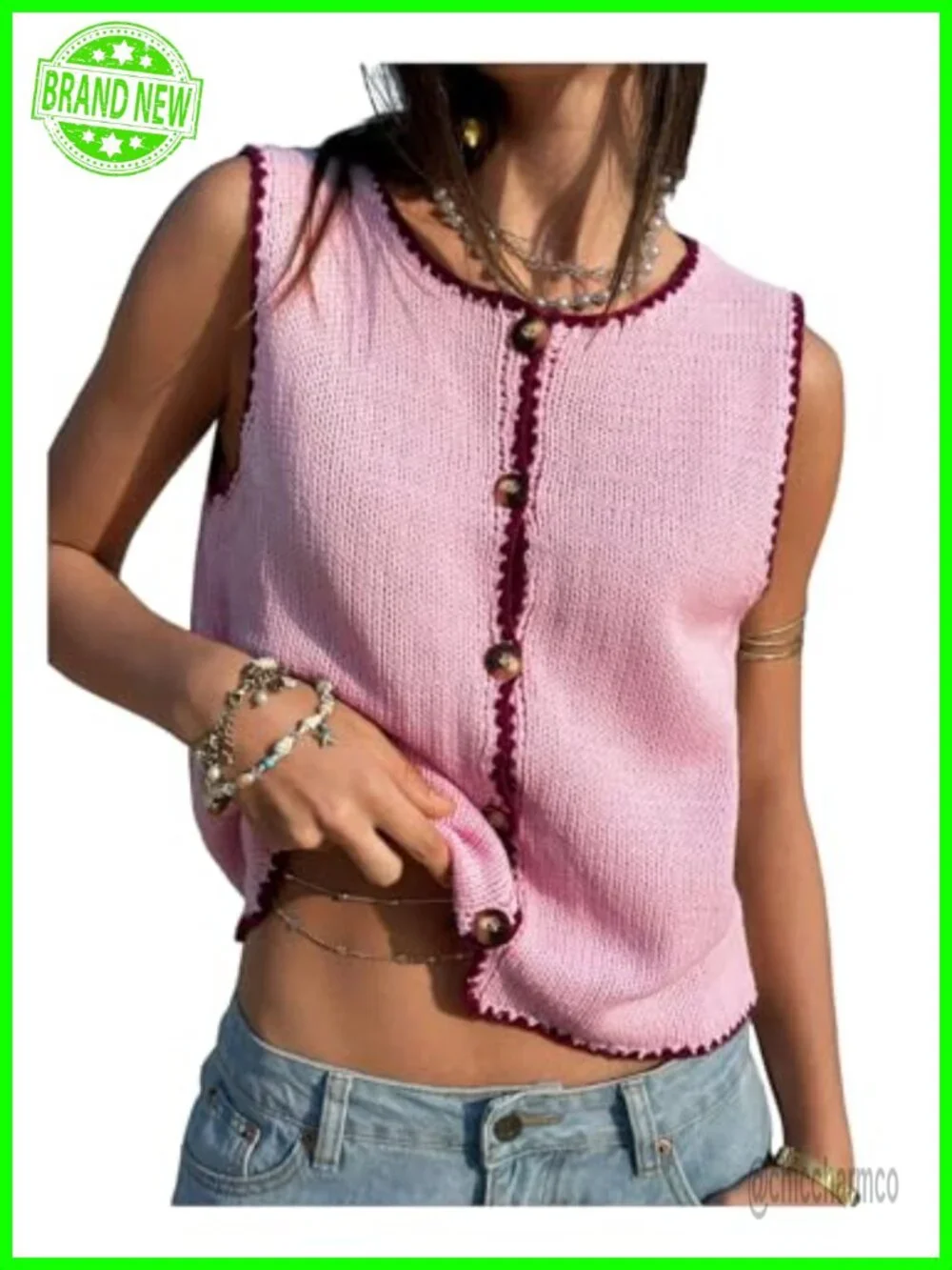 Sleeveless Button Up Cropped Sweater Vest Knit Cardigan Tops